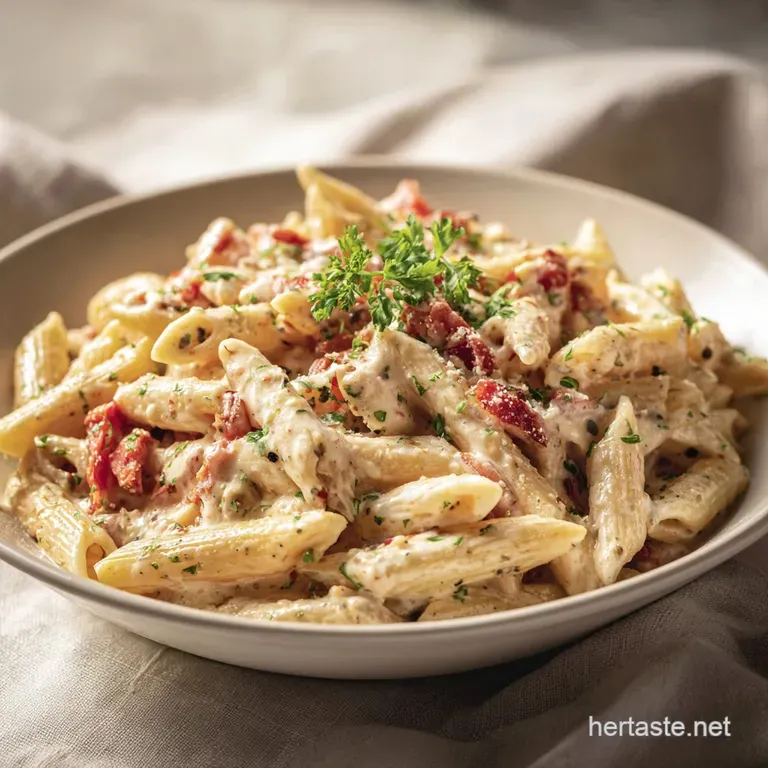 Elegant plate featuring pasta tossed with plump shrimp, crawfish, and vegetables, coated in a glossy cream sauce; fresh he...