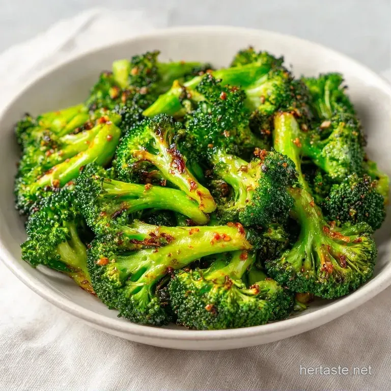 A heap of charred, vibrant green broccoli florets on a matte white plate with light glimmers of olive oil.