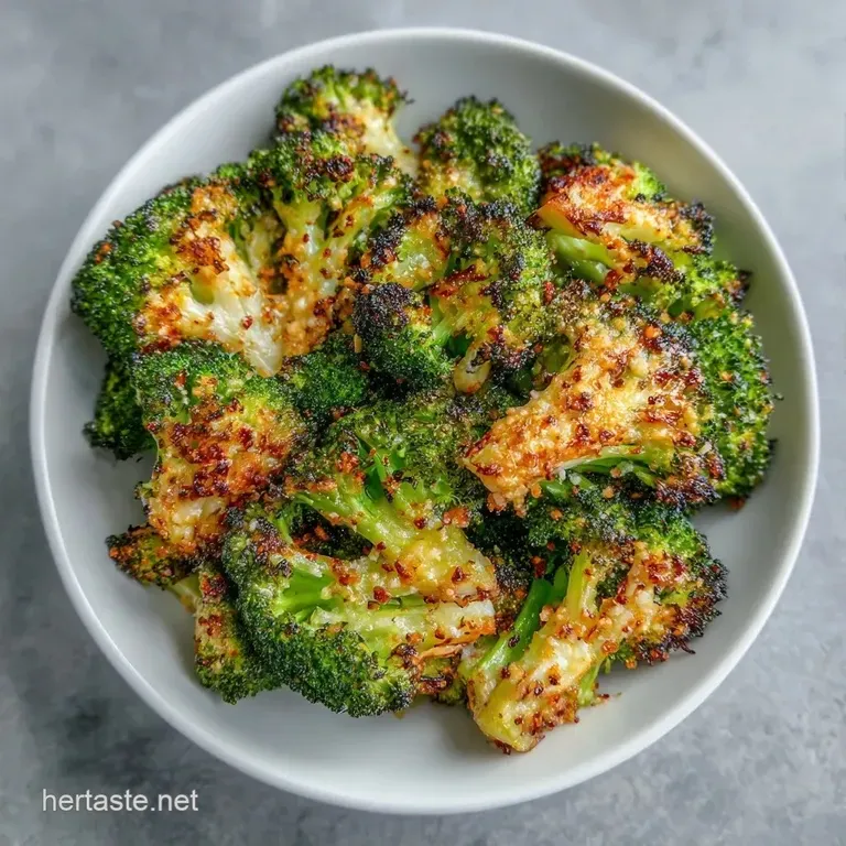 Elegant pile of roasted green broccoli topped with melted parmesan, served on a modern matte black ceramic plate.