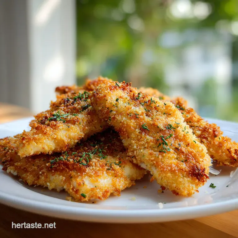 A perfectly browned chicken cutlet rests atop a vibrant green salad, drizzled with a light dressing.