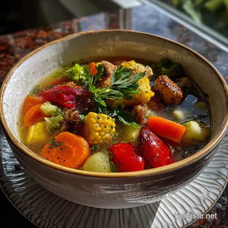 Creamy soup in a white bowl, garnished with fresh herbs and a swirl of cream, artfully presented on a wooden surface.