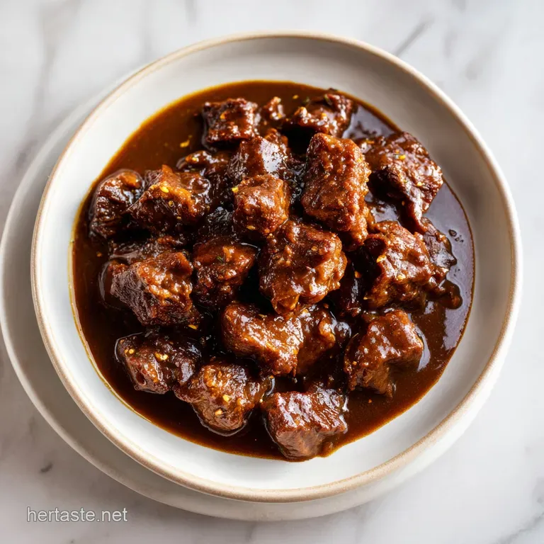 Carefully plated beef stew in a white ceramic bowl, garnished with chopped parsley and steaming hot velvet gravy.