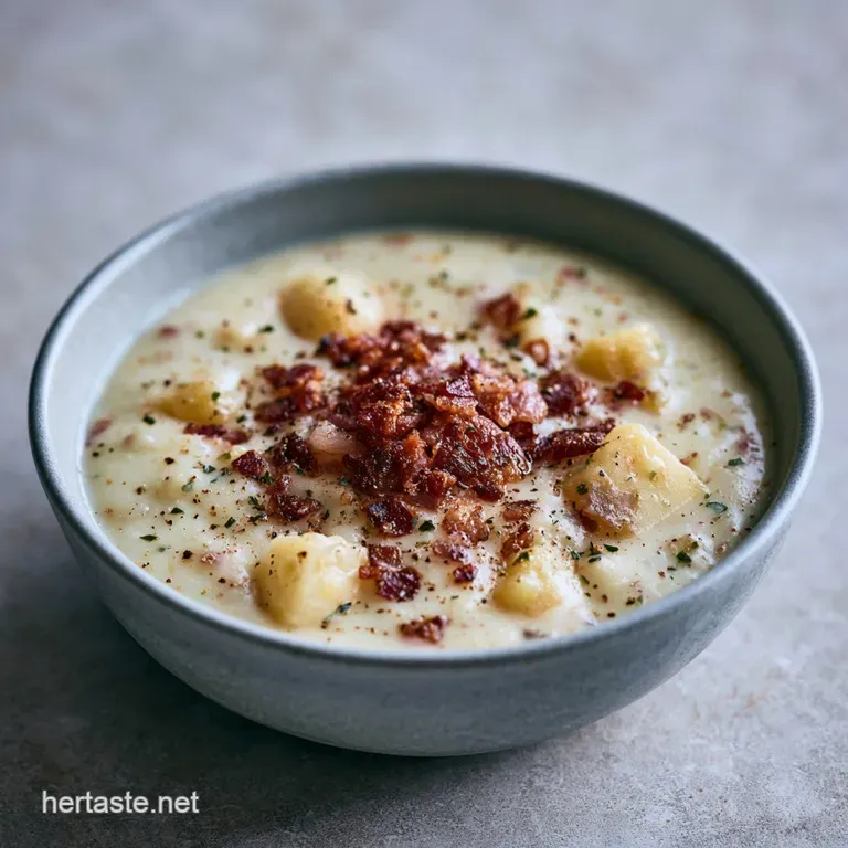 Velvety white potato soup in a ceramic bowl, garnished with crisp bacon bits and a sprinkle of bright green chives.