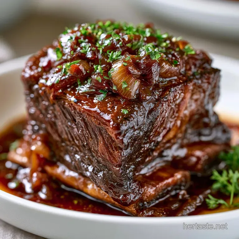 Slow-cooked beef ribs on a white ceramic plate, drizzled with dark reduction and garnished with fresh microgreens.