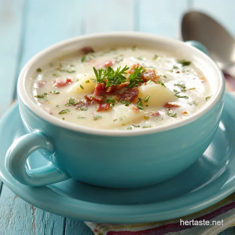 A steaming bowl of luscious potato soup, topped with crisp bacon bits and a swirl of sour cream.