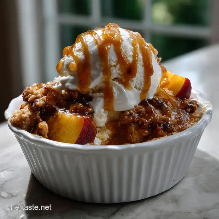 Scoop of ice cream in a chilled glass, garnished with a drizzle of amber caramel sauce and a ripe peach slice.