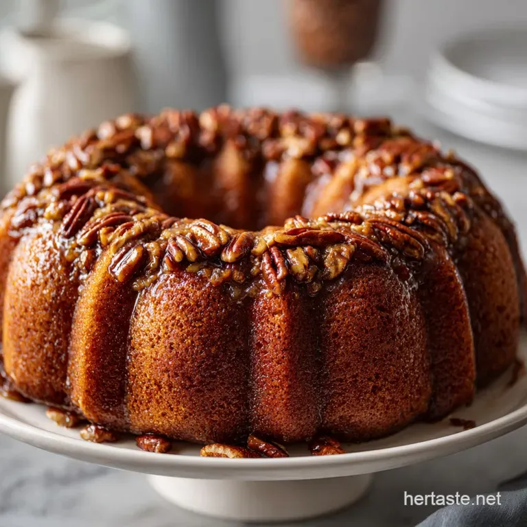 A slice of moist bundt cake, topped with rich caramel and crunchy pecans, artfully arranged on a plate.
