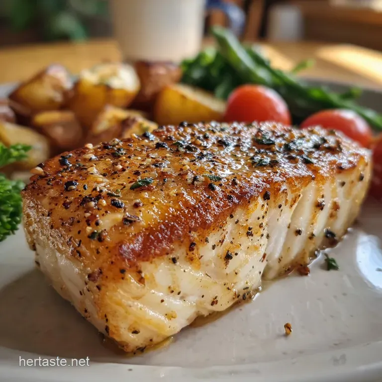 Elegant plate of halibut. Flaky white fish with a golden-brown crust, artfully arranged with asparagus spears and a lemon ...