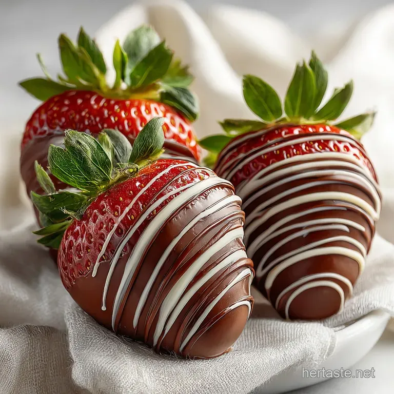 Elegant plate with a tower of chocolate-dipped strawberries showcasing glistening chocolate and varied toppings; crumbs sc...
