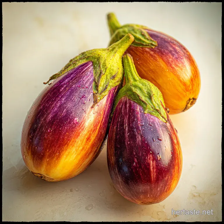Elegant plate featuring a roasted eggplant slice, glistening with oil; vibrant green herbs & flaky salt sprinkled on top.
