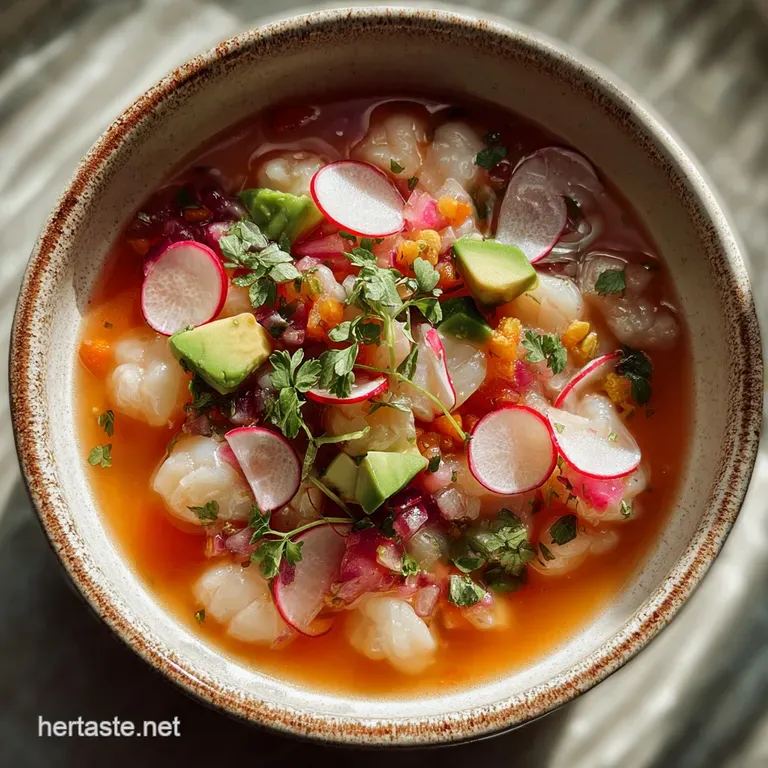 Elegant plate of ceviche: bright white fish contrasted with vibrant red onions, cilantro sprigs, and leche de tigre gliste...