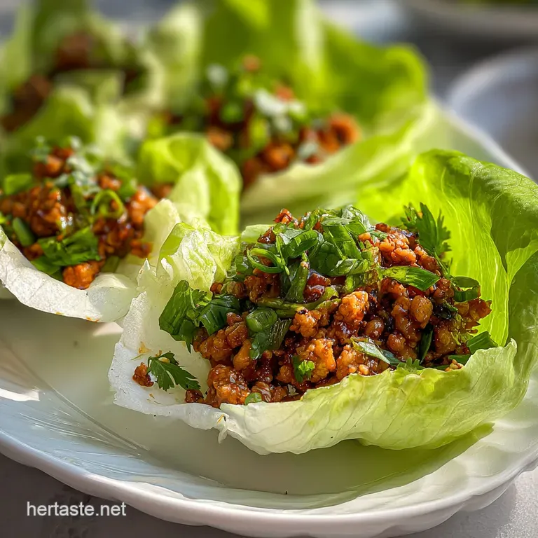 Crisp lettuce cups cradle savory, seasoned ground meat filling; vibrant green scallions & toasted sesame seeds add pops of...