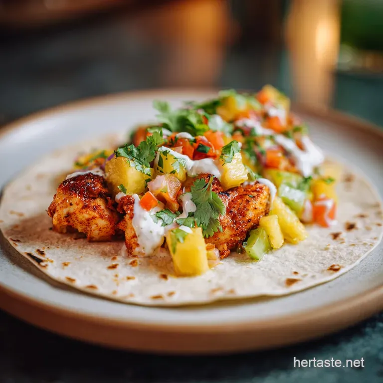 Close-up of a single bright chicken taco overflowing with glistening pineapple chunks and fresh green herbs on a white plate.