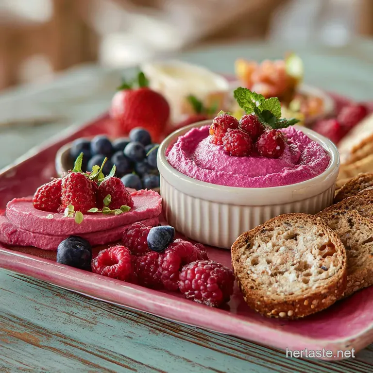 Artfully arranged pink-themed charcuterie featuring rosy cured meats, creamy cheeses, fresh berries, and vibrant beet hummus.