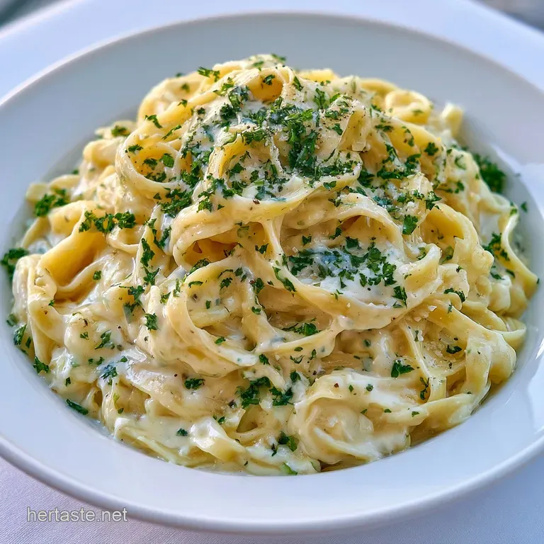 A swirl of glossy white pasta nestled in a shallow white bowl, topped with a sprig of green parsley and parmesan.