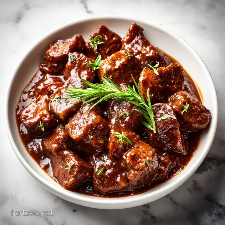 Saut&eacute;ed beef chunks in a thick mahogany glaze served on white porcelain with a sprinkle of fresh green parsley.