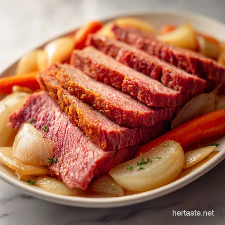 Thinly sliced pink beef arranged neatly alongside vibrant green cabbage and tender baby carrots on a ceramic plate.