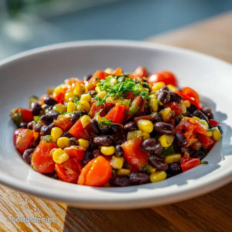 Bright bean and corn salad presented in a white bowl with a side of golden, salted tortilla chips for dipping.