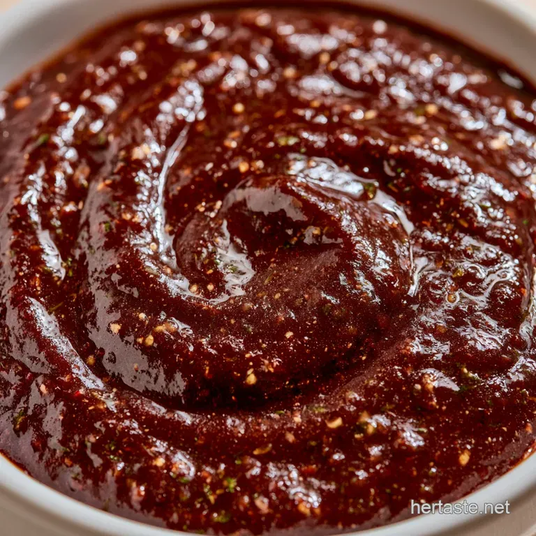 A white ceramic bowl filled with glossy, deep red sauce topped with a swirl of cream and a sprig of fresh cilantro.