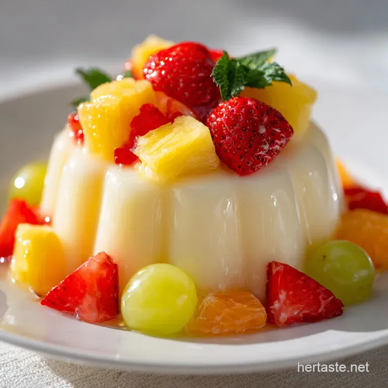 Vibrant chunks of fresh fruit tossed in a smooth white cream, served in a glass bowl on a bright white tablecloth.