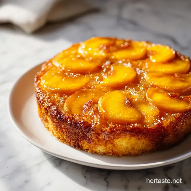Warm slice of bubbly peach dessert topped with a melting scoop of vanilla ice cream on a white ceramic plate.