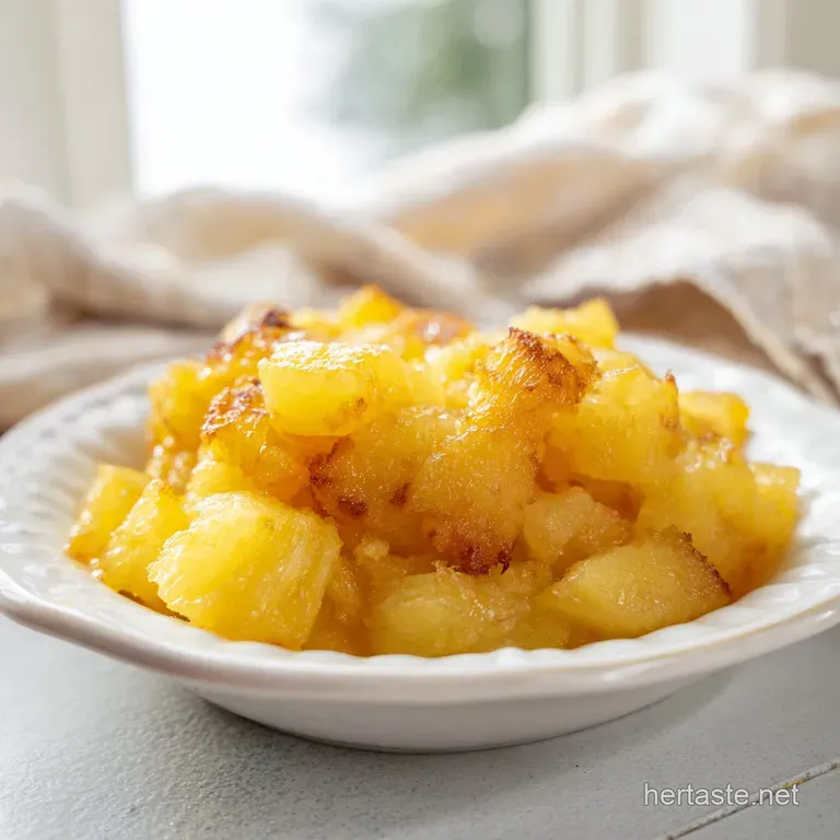 Creamy yellow fruit medley served in a porcelain ramekin, garnished with toasted coconut and a fresh mint sprig