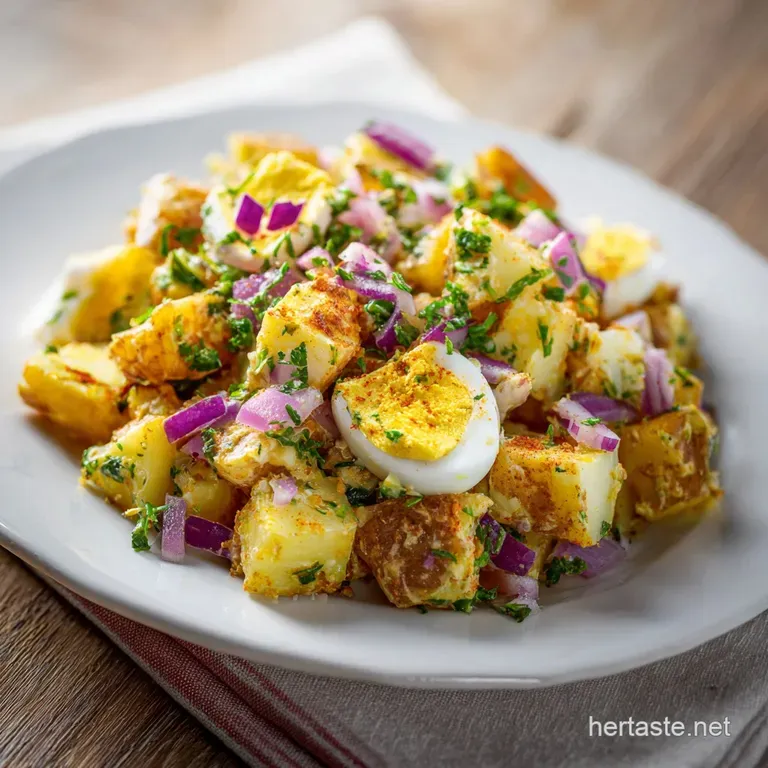 A neat scoop of velvety potato salad on a white plate, garnished with a bright parsley sprig and cracked pepper.
