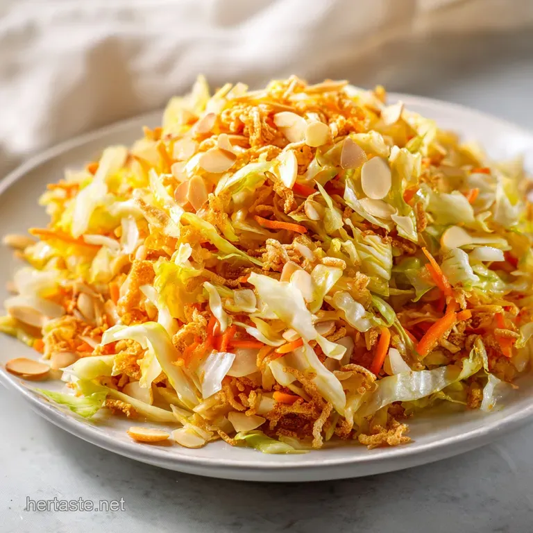 A colorful bowl of shredded purple cabbage and orange carrots topped with toasted almonds and crispy ramen noodles.