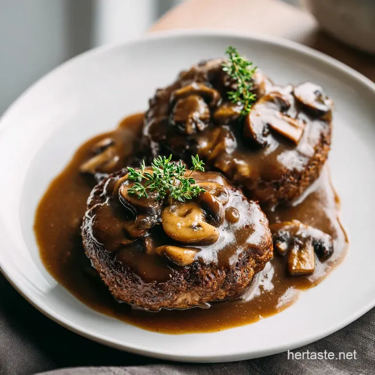Two seared beef patties draped in glossy brown gravy with sliced mushrooms on a white ceramic dinner plate.
