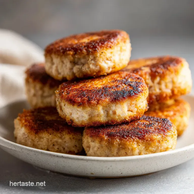 Three seared salmon cakes stacked neatly with a dollop of creamy tartar sauce and a sprig of fresh green parsley.