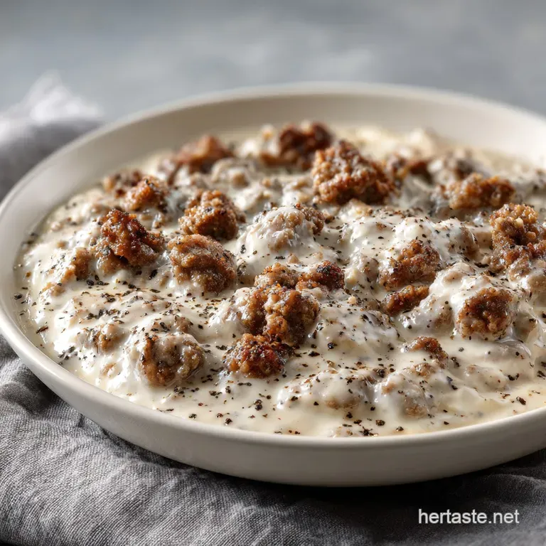 Thick, velvety white gravy with browned sausage bits served in a white bowl beside toasted golden biscuits.