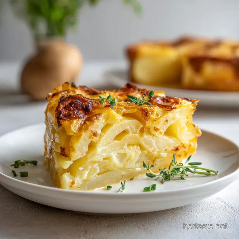 A neat scoop of creamy sliced potatoes on a white plate, topped with melted cheese and a sprig of fresh green parsley.