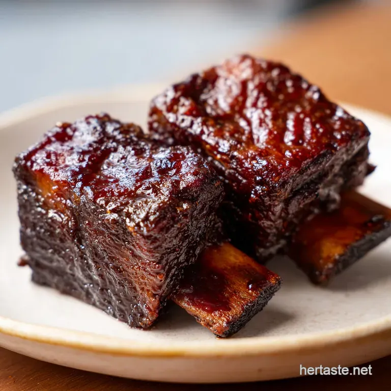 Slow-cooked beef ribs on a white plate paired with glazed carrots and a rich, glossy brown wine reduction sauce.