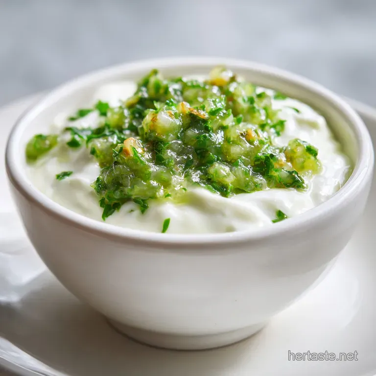 Chilled creamy white dipping sauce with flecks of green relish served in a crystal bowl beside fresh lemon wedges.
