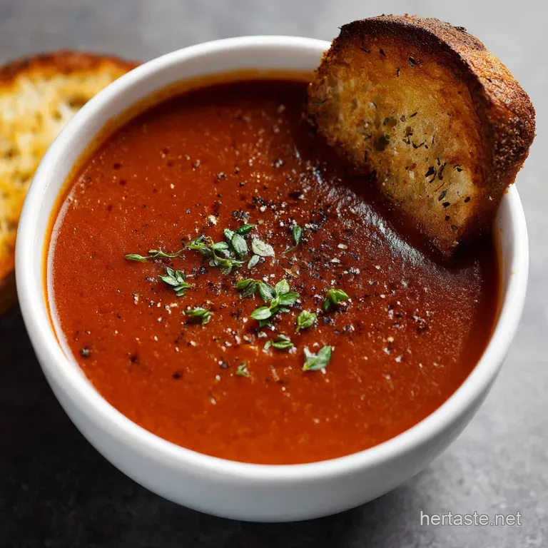 Elegant white bowl of vibrant red soup with a swirl of cream and a fresh basil leaf on a rustic linen cloth.