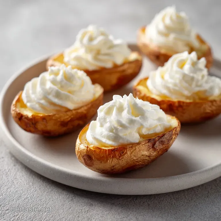 Three stuffed potato skins on a white ceramic platter, garnished with a sprinkle of paprika and micro-greens.