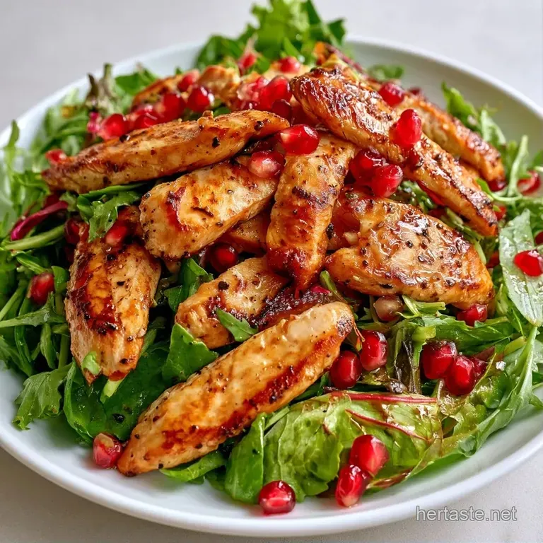 Fresh mixed greens topped with seared chicken and ruby red pomegranate seeds served in a shallow white ceramic bowl.