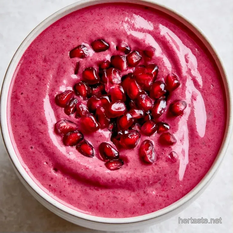 Vibrant magenta smoothie in a tall ribbed glass on a marble surface, accented by a straw and fresh berry garnishes.