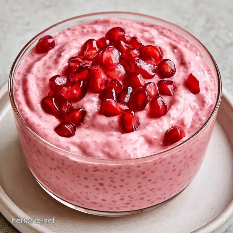 Two elegant glass parfaits layered with pale pink creamy seeds and topped with shimmering red pomegranate arils.