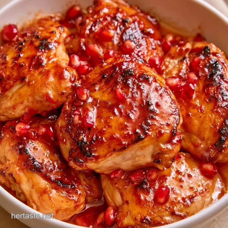 Four browned chicken thighs drizzled in rich red glaze on a slate plate, garnished with bright pomegranate seeds.