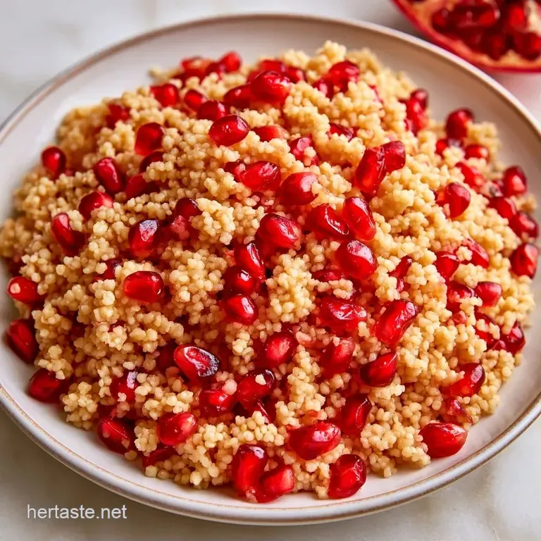 Glistening golden grains tossed with jewel-like red pomegranate seeds and bright parsley on a modern plate.