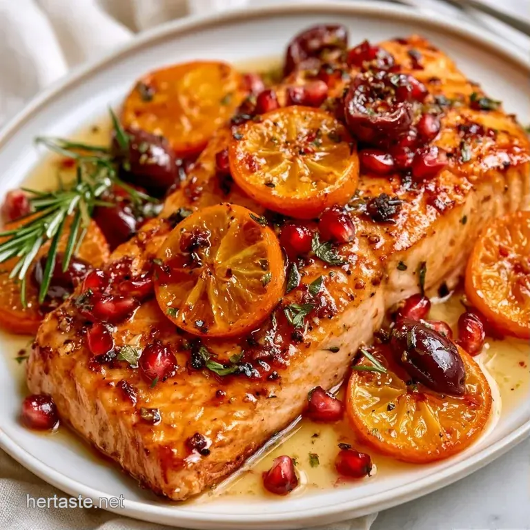 Perfectly seared pink salmon fillet drizzled with dark ruby glaze, served alongside steamed greens and citrus slices.