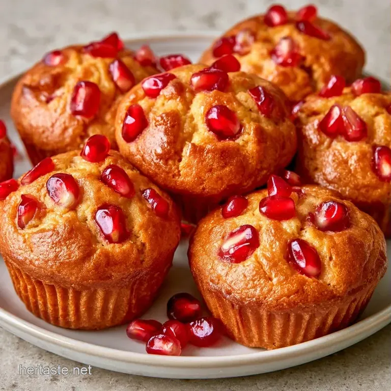 Two golden-domed cakes on a white plate, accented by fresh orange slices and a sprinkle of bright red pomegranate seeds.