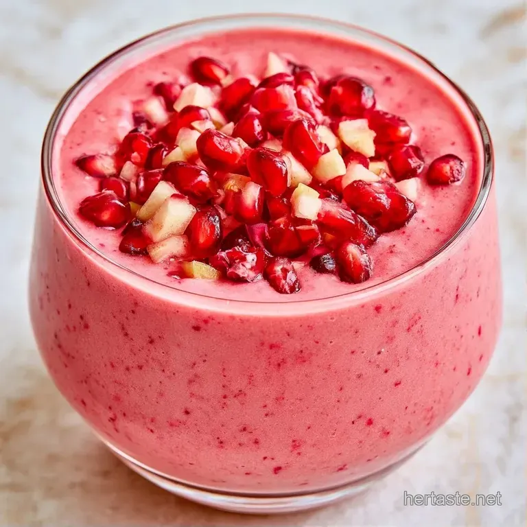 Elegant glass of frosted pink-red nectar garnished with glistening pomegranate arils and a sprig of green mint.