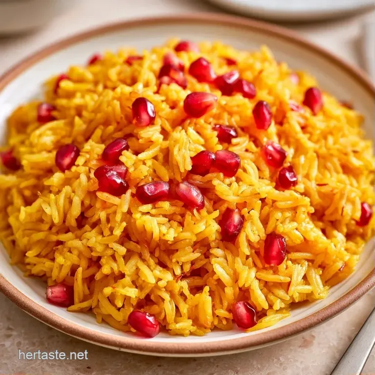 A wide ceramic bowl filled with golden-hued rice topped with ruby-red pomegranate pearls and a sprig of mint.