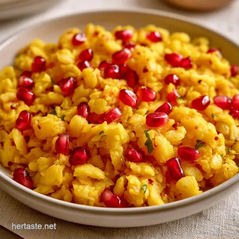A neat mound of fluffy golden rice accented by glistening red pomegranate pearls and toasted golden peanuts.