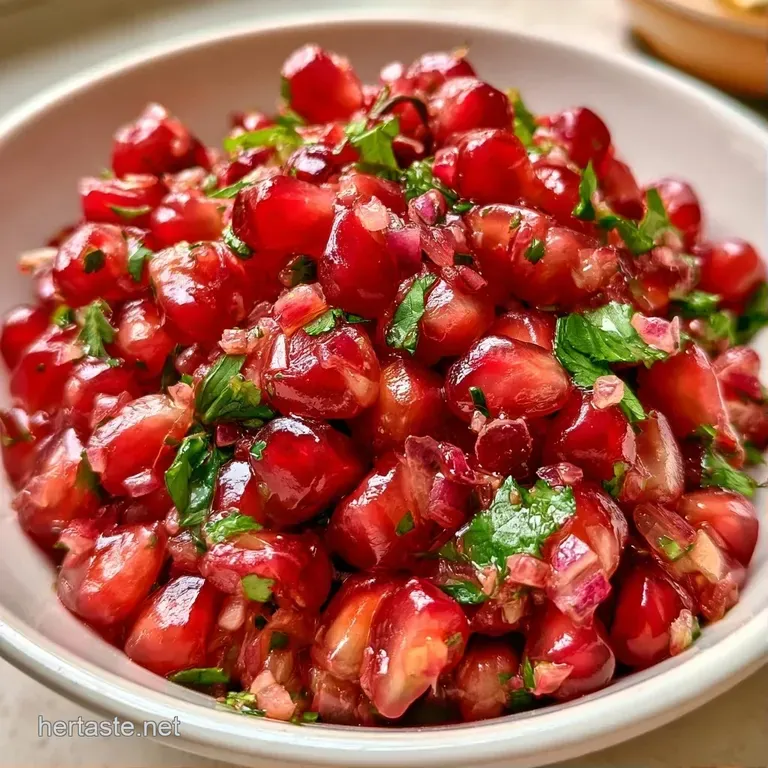 A mound of ruby-red seeds and bright green herbs artistically plated on a clean, minimalist white platter.