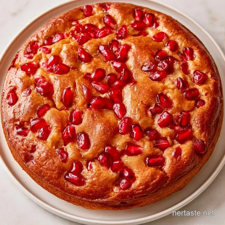 A slice of moist yellow cake topped with vibrant red pomegranate seeds on a white ceramic plate with a mint leaf.