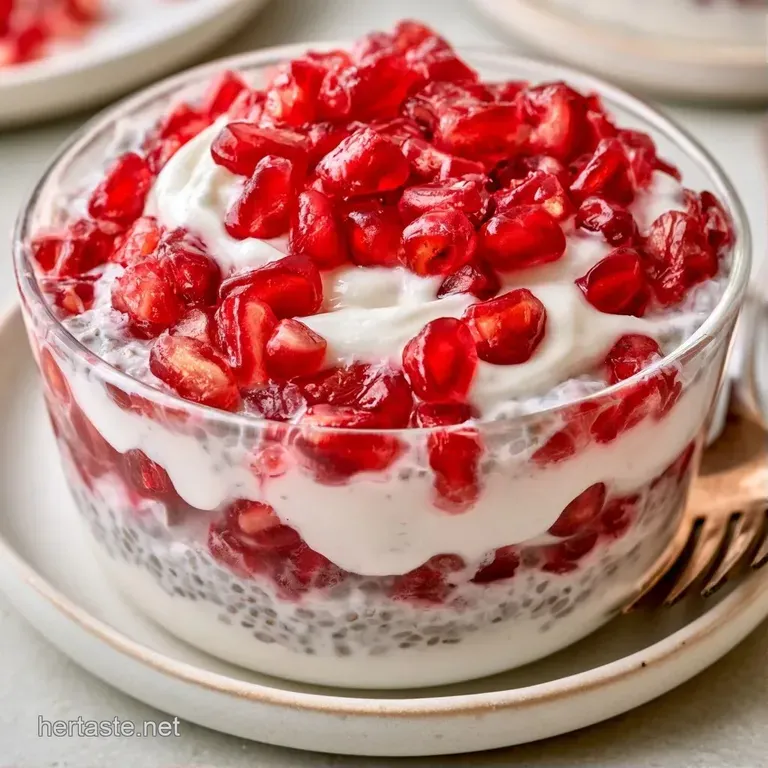 Row of clear glass jars showing distinct layers of white cream, golden granola, and glistening red fruit seeds.