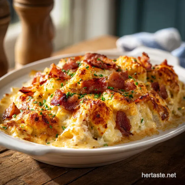 Elegant serving of creamy potato and chicken casserole on a ceramic plate, garnished with fresh chopped chives